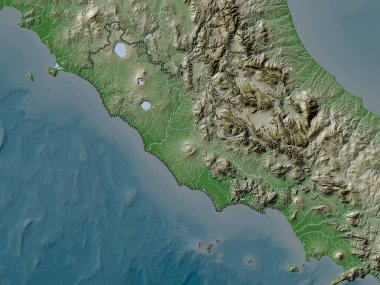 Lazio, İtalya bölgesi. Yükseklik haritası göller ve nehirlerle wiki stilinde renklendirilmiştir
