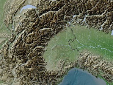 Piemonte, İtalya bölgesi. Yükseklik haritası göller ve nehirlerle wiki stilinde renklendirilmiştir