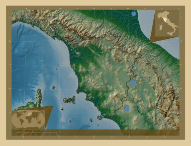 Toscana, İtalya bölgesi. Gölleri ve nehirleri olan renkli yükseklik haritası. Köşedeki yedek konum haritaları