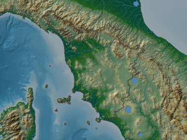 Toscana, İtalya bölgesi. Gölleri ve nehirleri olan renkli yükseklik haritası
