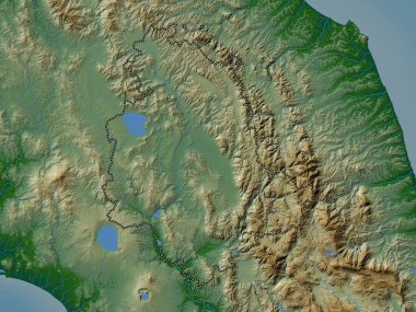 Umbria, İtalya bölgesi. Gölleri ve nehirleri olan renkli yükseklik haritası
