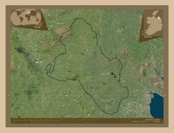莫纳汉 爱尔兰郡 低分辨率卫星地图 该区域主要城市的地点和名称 角辅助位置图 — 图库照片