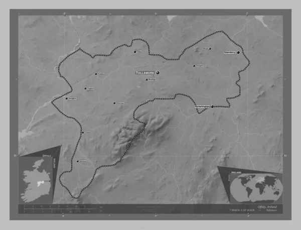 Offaly County Ireland Grayscale Elevation Map Lakes Rivers Locations Names — Stock Photo, Image