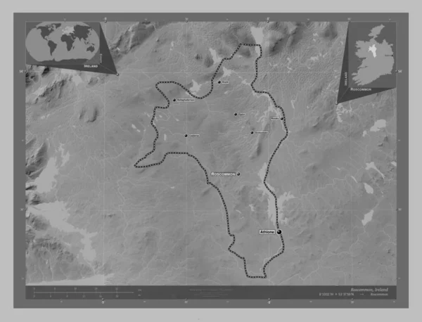 Roscommon County Ireland Grayscale Elevation Map Lakes Rivers Locations Names — Stock Photo, Image