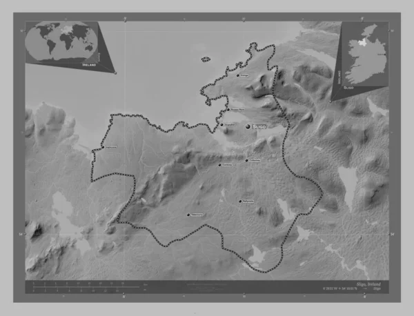 Sligo County Ireland Grayscale Elevation Map Lakes Rivers Locations Names — Stock Photo, Image