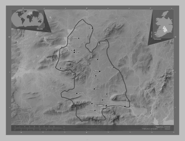 Tipperary County Ireland Grayscale Elevation Map Lakes Rivers Locations Names — Stock Photo, Image