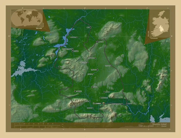 Tipperary County Ireland Colored Elevation Map Lakes Rivers Locations Names — Stock Photo, Image