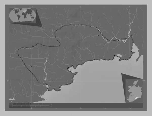 Waterford Graafschap Ierland Grayscale Hoogte Kaart Met Meren Rivieren Locaties — Stockfoto