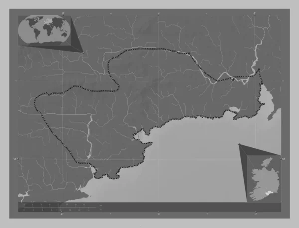 Waterford Graafschap Ierland Grayscale Hoogte Kaart Met Meren Rivieren Hulplocatiekaarten — Stockfoto