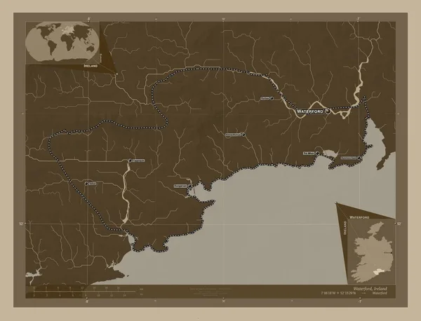 Waterford Condado Irlanda Mapa Elevação Colorido Tons Sépia Com Lagos — Fotografia de Stock
