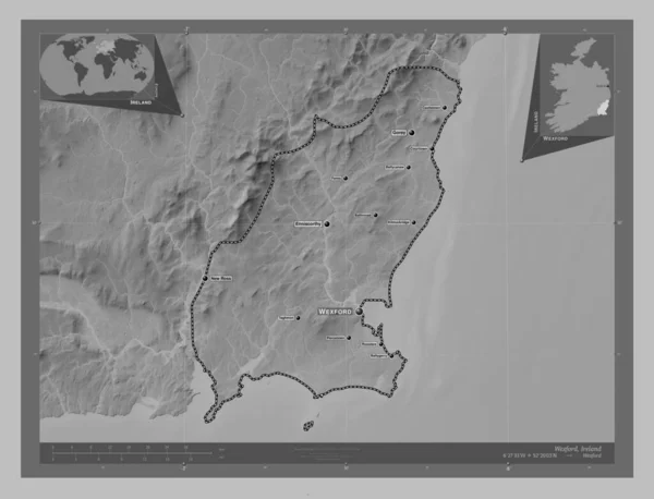 Wexford County Ireland Grayscale Elevation Map Lakes Rivers Locations Names — Stock Photo, Image