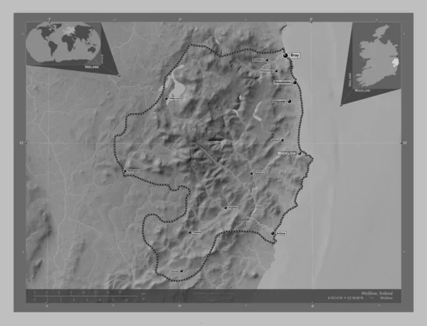 Wicklow County Ireland Grayscale Elevation Map Lakes Rivers Locations Names — Stock Photo, Image