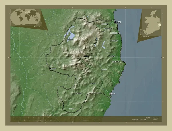 威克洛 爱尔兰郡用Wiki风格绘制的带有湖泊和河流的高程地图 该区域主要城市的地点和名称 角辅助位置图 — 图库照片