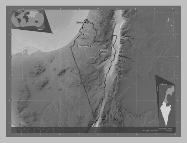 Hadarom District Israël Grayscale Hoogte Kaart Met Meren Rivieren Locaties — Stockfoto