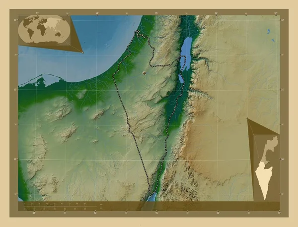 Hadarom District Israël Gekleurde Hoogtekaart Met Meren Rivieren Hulplocatiekaarten Hoek — Stockfoto