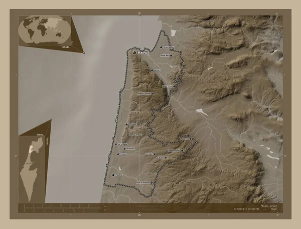 Haifa Distretto Israele Mappa Elevazione Colorata Toni Seppia Con Laghi — Foto Stock