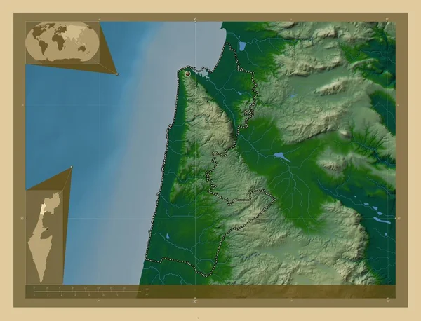 Хайфа Округ Израиля Цветная Карта Высоты Озерами Реками Вспомогательные Карты — стоковое фото