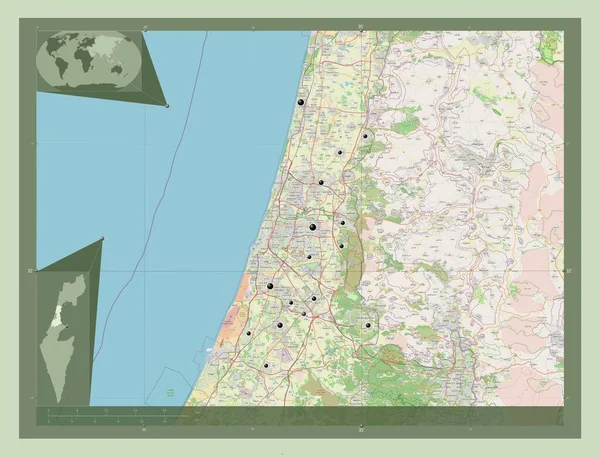 Hamerkaz 以色列区 开放街道地图 该区域主要城市的所在地点 角辅助位置图 — 图库照片