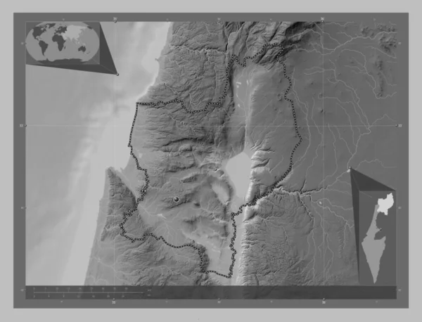 Hazafon District Israel Grayscale Elevation Map Lakes Rivers Corner Auxiliary — Stock Photo, Image