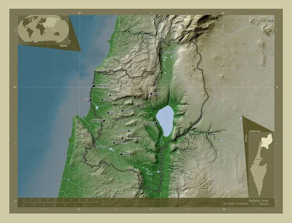 イスラエルのハザフォン地区 湖や川とWikiスタイルで着色された標高マップ 地域の主要都市の位置と名前 コーナー補助位置図 — ストック写真