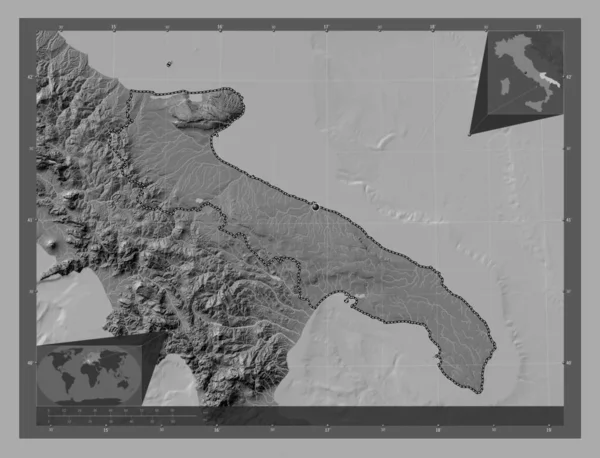 Apulië Regio Van Italië Hoogteplattegrond Met Meren Rivieren Hulplocatiekaarten Hoek — Stockfoto