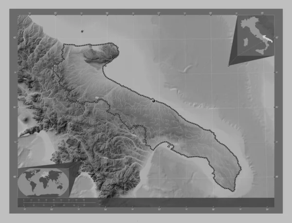 アプリア イタリアの地域 湖や川とグレースケールの標高マップ コーナー補助位置図 — ストック写真