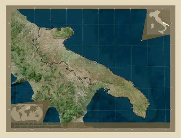 Apulië Regio Van Italië Satellietkaart Met Hoge Resolutie Hulplocatiekaarten Hoek — Stockfoto