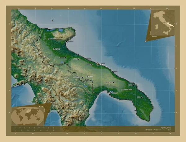 Apulien Regionen Italien Färgade Höjd Karta Med Sjöar Och Floder — Stockfoto