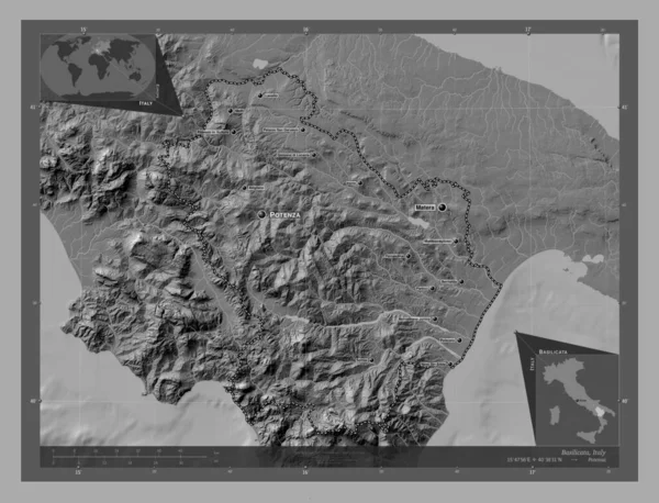 イタリアの領域 バジリカータ州 湖や川と二階の標高マップ 地域の主要都市の位置と名前 コーナー補助位置図 — ストック写真