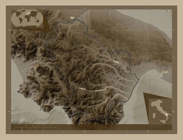 Базиликата Регион Италии Карта Высоты Окрашенная Сепиевые Тона Озерами Реками — стоковое фото