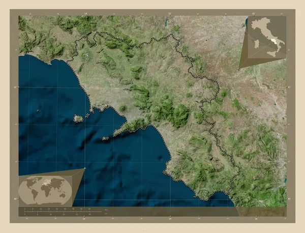 Kampania Region Włoch Mapa Satelity Wysokiej Rozdzielczości Pomocnicze Mapy Położenia — Zdjęcie stockowe