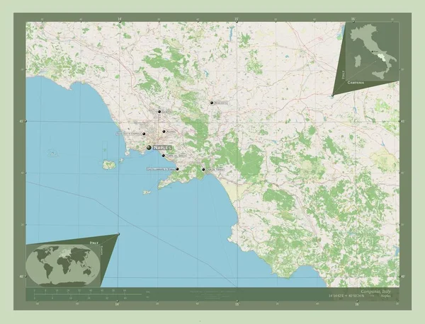 カンパニア イタリアの地域 ストリートマップを開く 地域の主要都市の位置と名前 コーナー補助位置図 — ストック写真