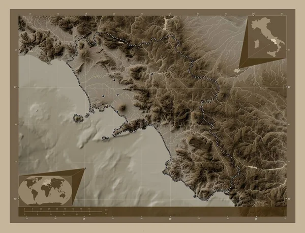 Campania Región Italia Mapa Elevación Coloreado Tonos Sepia Con Lagos — Foto de Stock