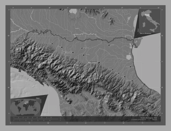 Emilia Romagna Regio Van Italië Hoogteplattegrond Met Meren Rivieren Locaties — Stockfoto