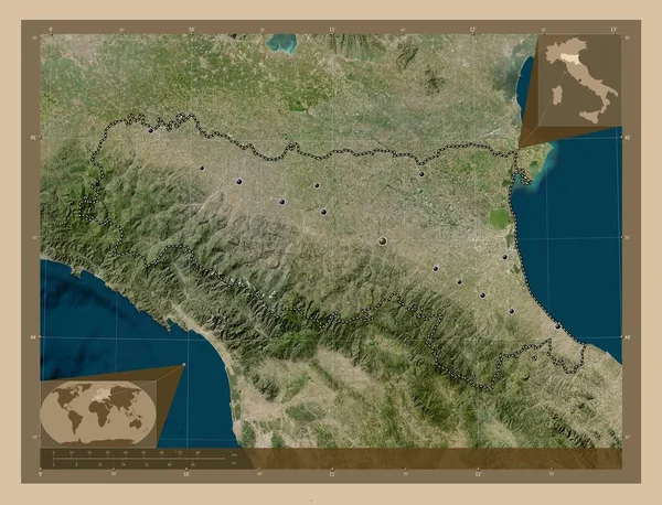 Emilia Romagna Regione Italia Mappa Satellitare Bassa Risoluzione Località Delle — Foto Stock