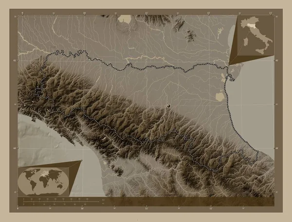 Эмилия Романья Регион Италии Карта Высоты Окрашенная Сепиевые Тона Озерами — стоковое фото