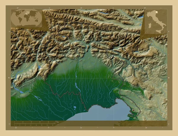 Friuli Wenecja Julijska Region Autonomiczny Włoch Kolorowa Mapa Wzniesień Jeziorami — Zdjęcie stockowe