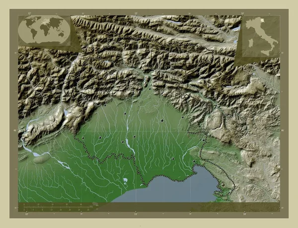 弗里里亚朱利亚 意大利自治区 用Wiki风格绘制的带有湖泊和河流的高程地图 该区域主要城市的所在地点 角辅助位置图 — 图库照片