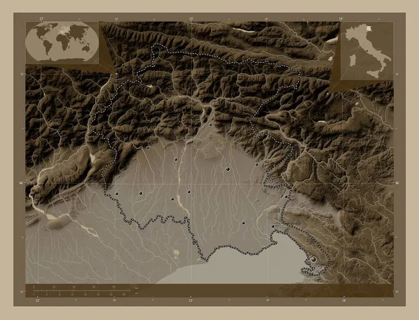 Friuli Venezia Giulia Autonomous Region Italy Elevation Map Colored Sepia — Stock Photo, Image