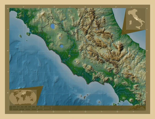Лаціо Регіон Італії Кольорові Карти Висот Озерами Річками Розташування Великих — стокове фото