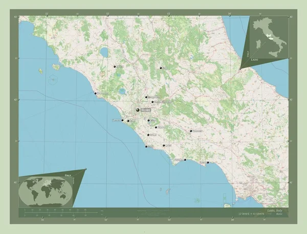 Lazio Regio Van Italië Open Plattegrond Locaties Namen Van Grote — Stockfoto