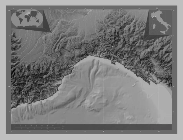 リグーリア州 イタリアの地域 湖や川とグレースケールの標高マップ コーナー補助位置図 — ストック写真
