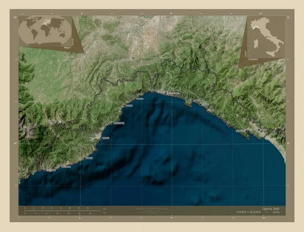 Λιγουρία Περιφέρεια Ιταλίας Υψηλής Ανάλυσης Δορυφορικός Χάρτης Τοποθεσίες Και Ονόματα — Φωτογραφία Αρχείου