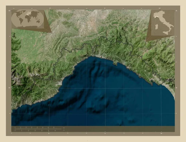 Ligurie Region Itálie Satelitní Mapa Vysokým Rozlišením Pomocné Mapy Polohy — Stock fotografie