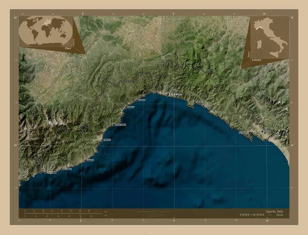 Liguria Regione Italia Mappa Satellitare Bassa Risoluzione Località Nomi Delle — Foto Stock
