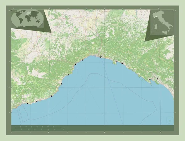 Λιγουρία Περιφέρεια Ιταλίας Χάρτης Του Δρόμου Τοποθεσίες Μεγάλων Πόλεων Της — Φωτογραφία Αρχείου