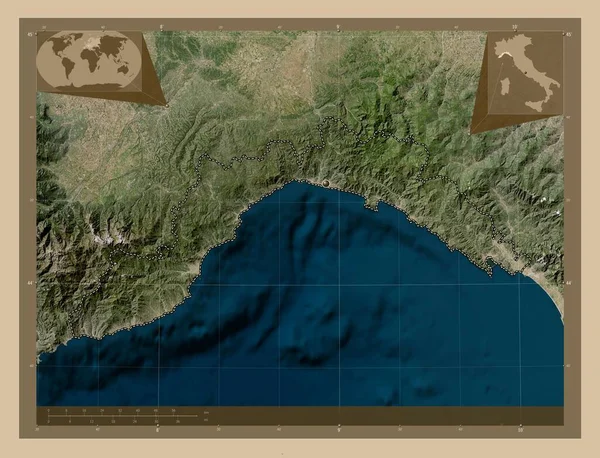 リグーリア州 イタリアの地域 低解像度衛星地図 コーナー補助位置図 — ストック写真