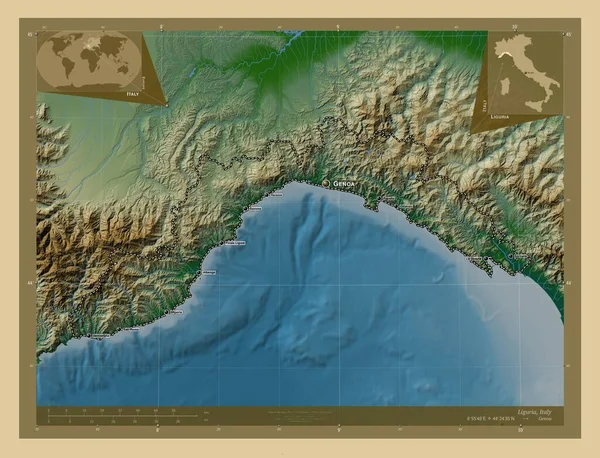 Liguria Region Włoch Kolorowa Mapa Wzniesień Jeziorami Rzekami Lokalizacje Nazwy — Zdjęcie stockowe