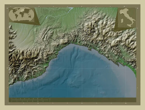 Liguria Olaszország Régiója Magassági Térkép Színes Wiki Stílusban Tavak Folyók — Stock Fotó