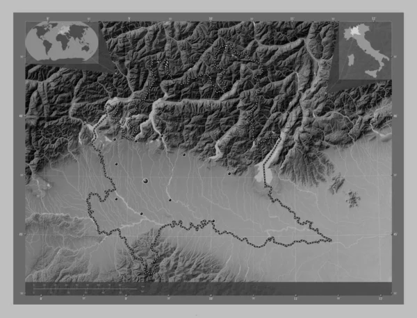 Lombardiet Regionen Italien Grayscale Höjdkarta Med Sjöar Och Floder Platser — Stockfoto